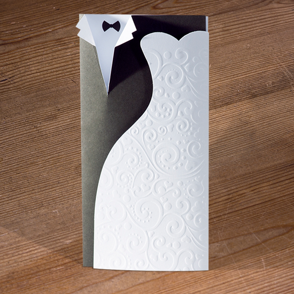 Brautkleid und Hochzeitsanzug – vergrößerte Abbildung Hochzeitseinladungen als Brautkleid und Hochzeitsanzug gestaltet.