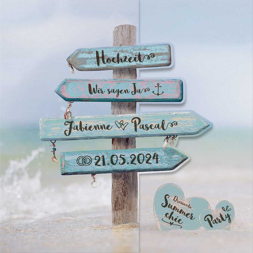 Hochzeitseinladung mit Wegweiser vor Strand
