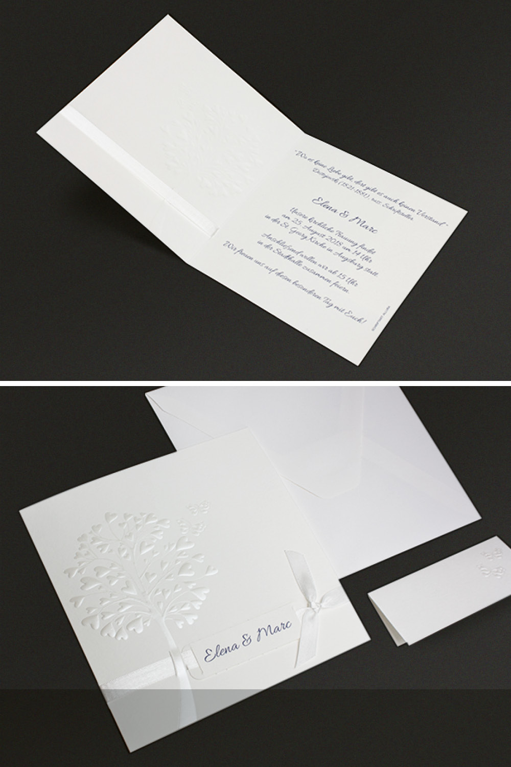 Aufgeklappte Einladungskarte mit den gedruckten Einladungstexten.